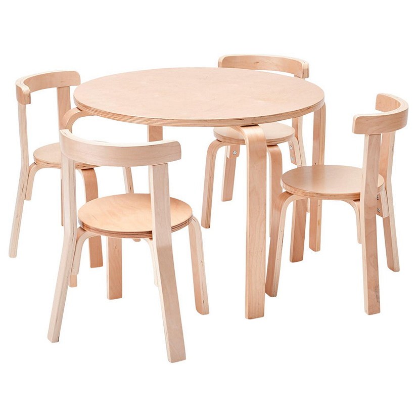 ECR4Kids Bentwood Round Table and Curved Back Chair Set, Kids Furniture, Natural, 5-Piece Image