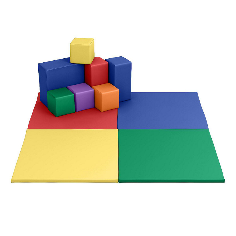 ECR4Kids SoftZone Quad Fold-N-Go Activity Mat and Patchwork Toddler Blocks, Beginner Playset, Assorted, 13-Piece Image