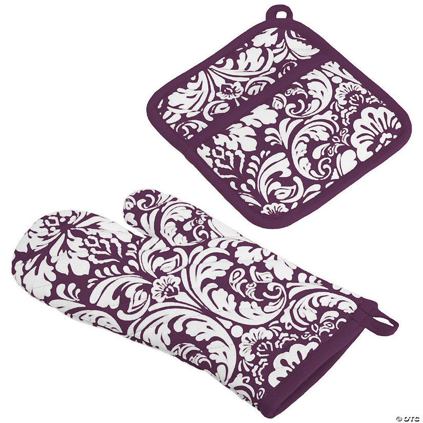 Eggplant Damask Oven Mitt & Potholder Set Image