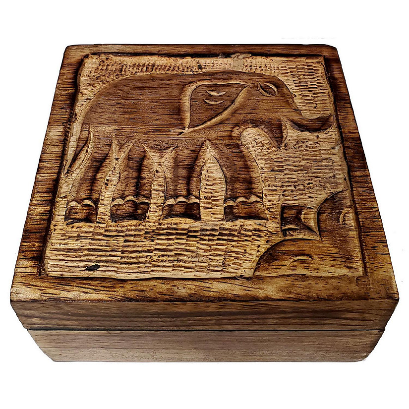 Elephant Hand Carved Wood Jewelry Keepsake Trinket Box 5 x 5 Inch New Image