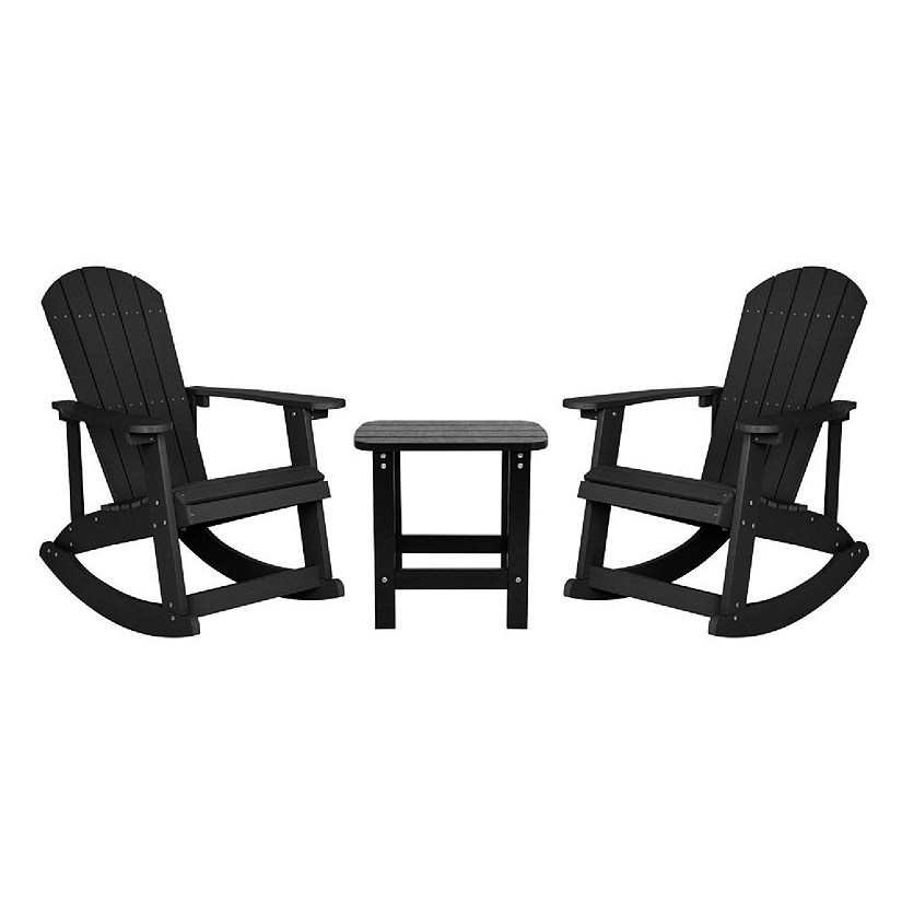 Emma + Oliver 2 Marcy Adirondack Rocking Chairs and Side Table Set - Black Polyresin Construction - Stainless Steel Hardware - All Weather Usage Image
