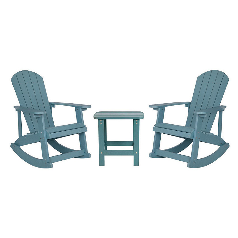 Emma + Oliver 2 Marcy Adirondack Rocking Chairs and Side Table Set - Sea Foam Polyresin Construction - Stainless Steel Hardware - All Weather Usage Image