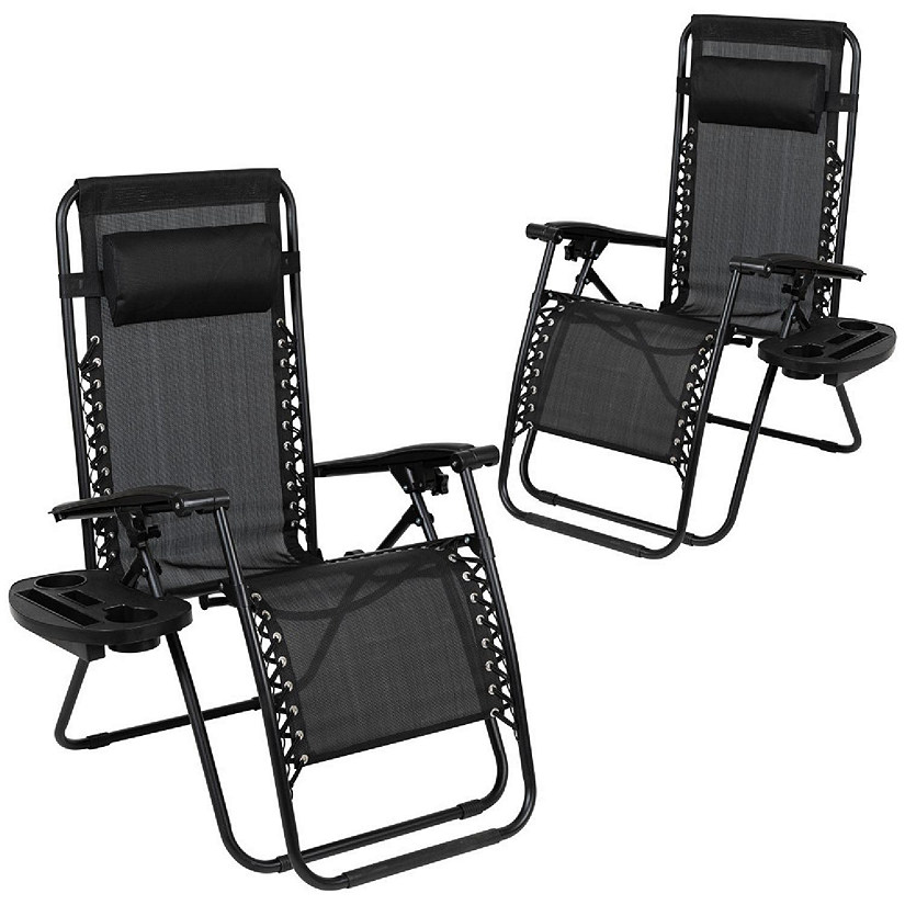 Emma + Oliver 2 Pack Adjustable Mesh Zero Gravity Lounge Chair with Cup Holder Tray - Black Image