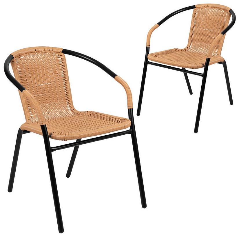 Emma + Oliver 2 Pack Beige Rattan Indoor-Outdoor Restaurant Stack Chair with Curved Back Image