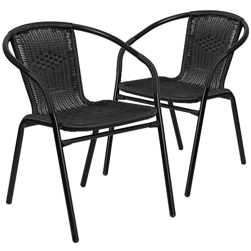 Emma + Oliver 2 Pack Black Rattan Indoor-Outdoor Restaurant Stack Chair with Curved Back Image