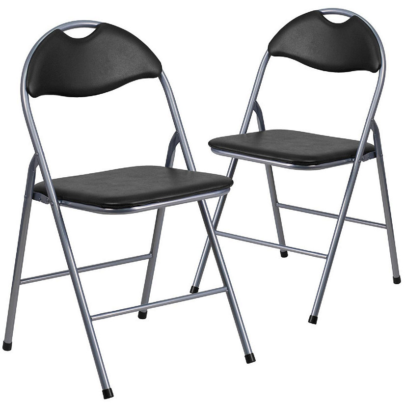Emma + Oliver 2 Pack Black Vinyl Metal Folding Chair with Carrying Handle Image