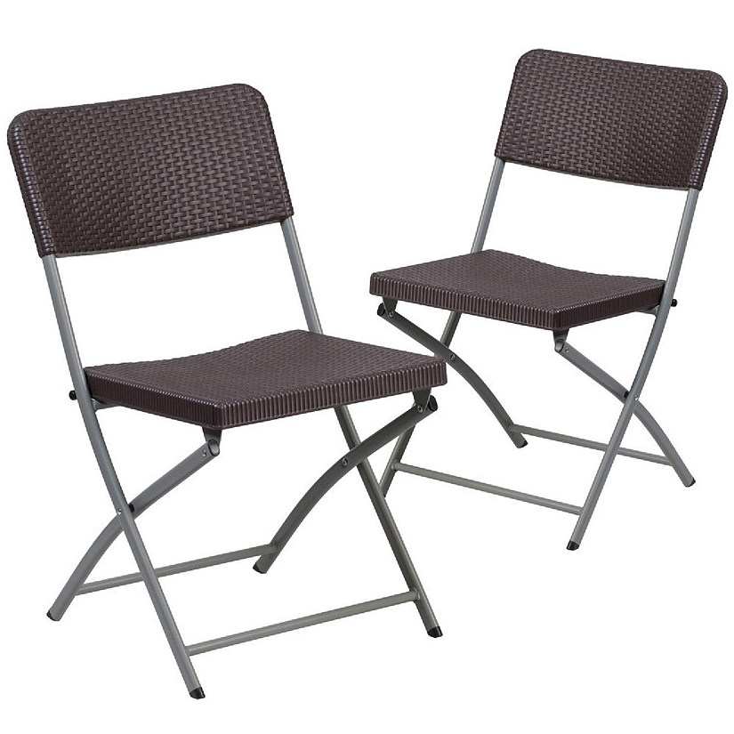 Emma + Oliver 2 Pack Brown Rattan Plastic Indoor-Outdoor Patio Folding Chair Image
