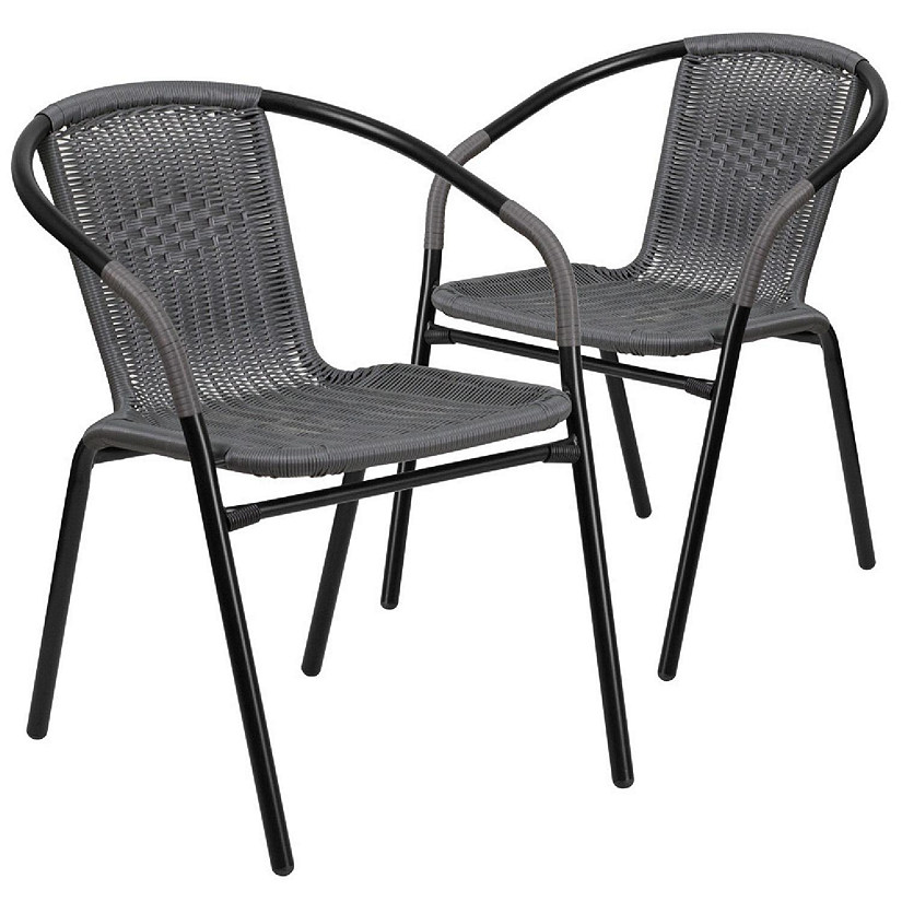 Emma + Oliver 2 Pack Gray Rattan Indoor-Outdoor Restaurant Stack Chair with Curved Back Image