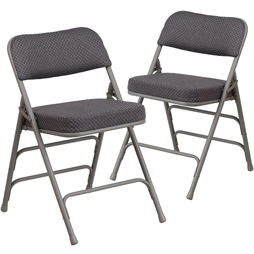 Emma + Oliver 2 Pack Premium Curved Triple Braced & Double Hinged Gray Fabric Metal Folding Chair Image