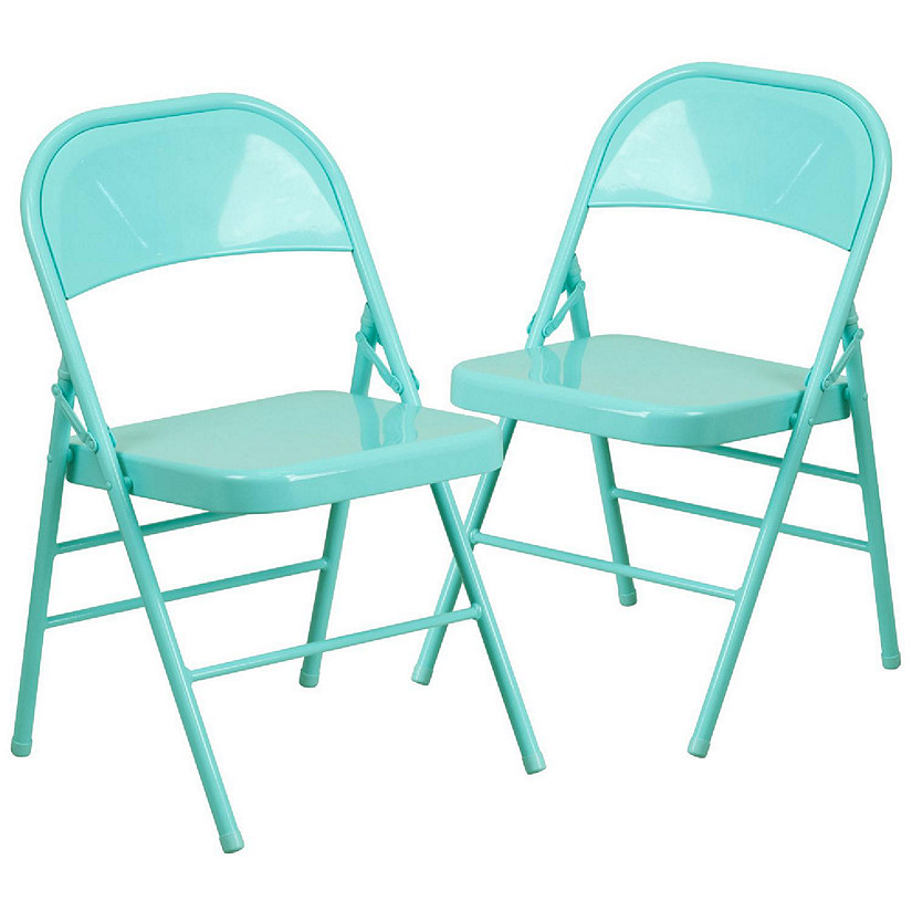 Emma + Oliver 2 Pack Tantalizing Teal Triple Braced & Double Hinged Metal Folding Chair Image