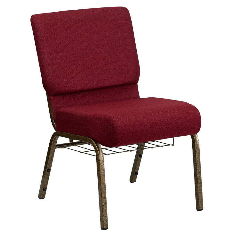 Emma + Oliver 21"W Church Chair, Burgundy Fabric Cup Book Rack/Gold Vein Frame Image