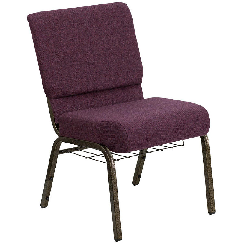 Emma + Oliver 21"W Church Chair, Plum Fabric Cup Book Rack/Gold Vein Frame Image