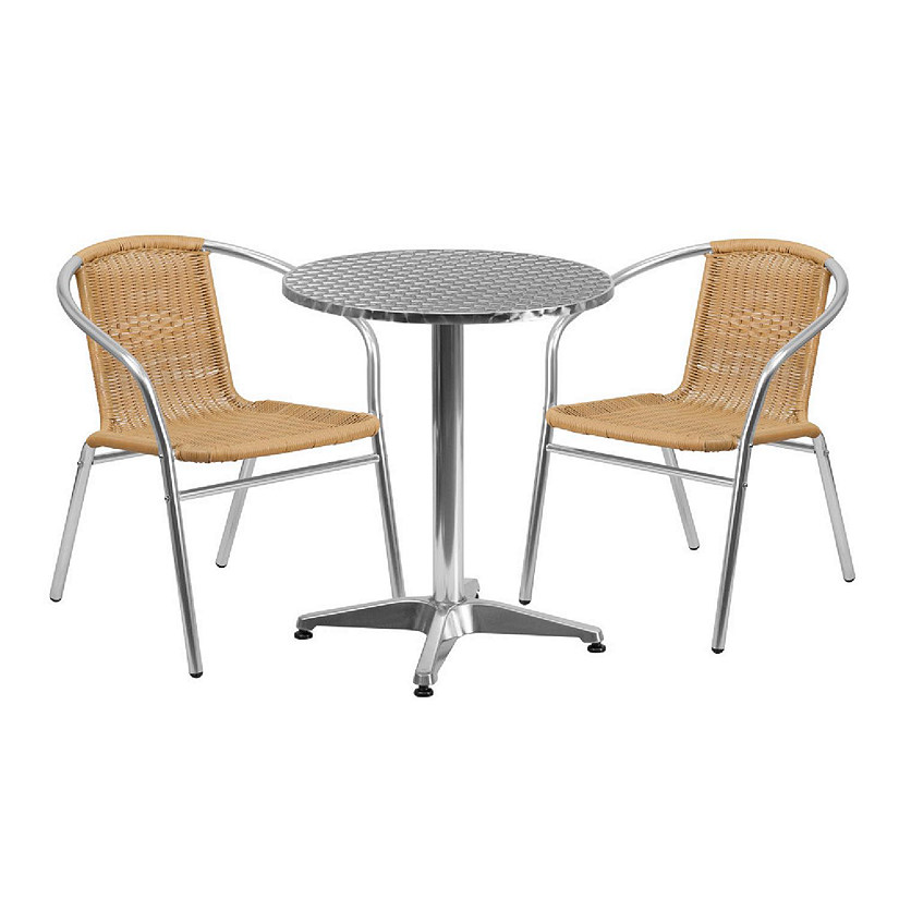 Emma + Oliver 23.5" Round Aluminum Table Set-2 Beige Rattan Chairs Image
