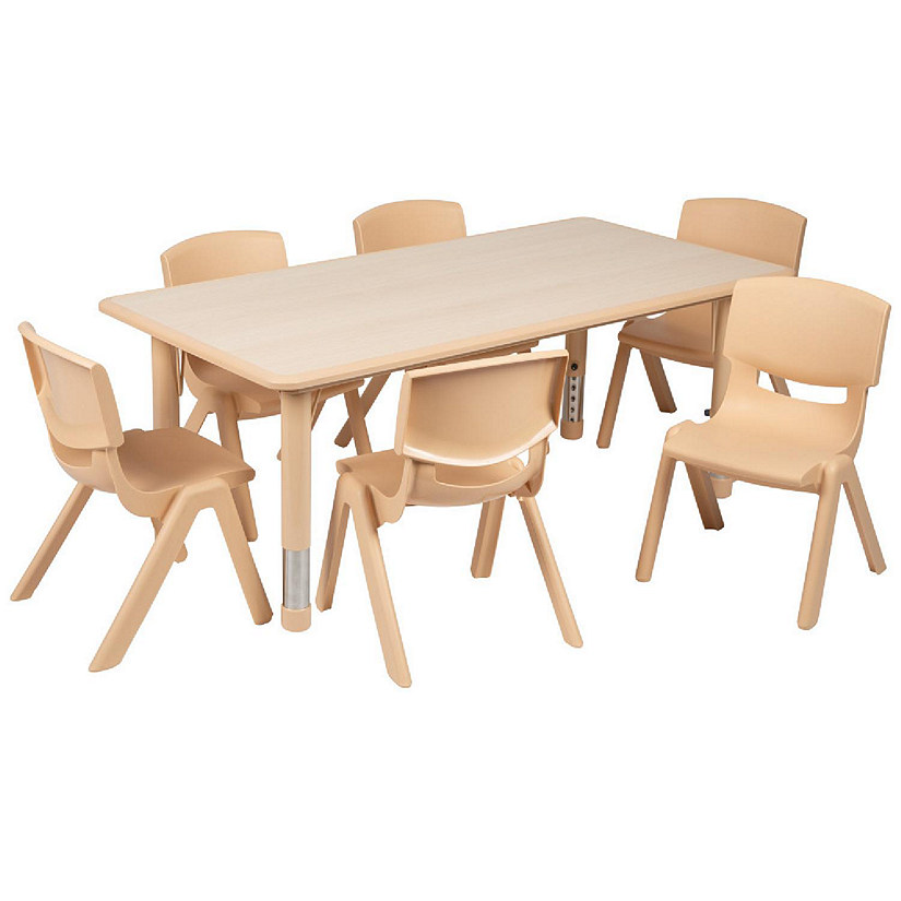 Emma + Oliver 23.625"W x 47.25"L Rectangle Natural Plastic Activity Table Set with 6 Chairs Image