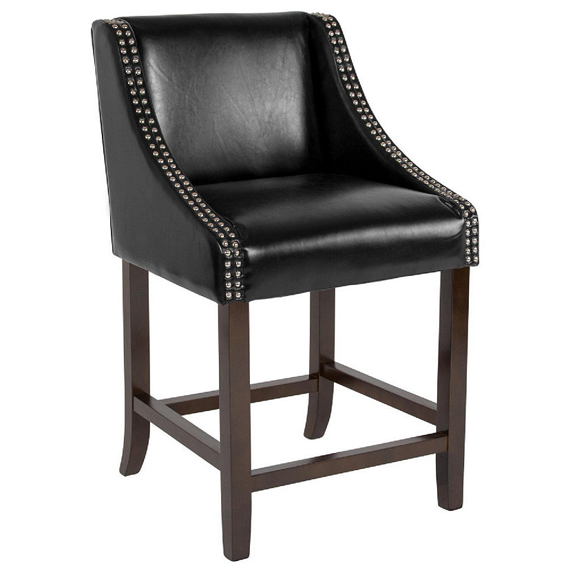 Emma + Oliver 24" High Walnut Counter Height Stool with Accent Nail Trim in Black LeatherSoft Image
