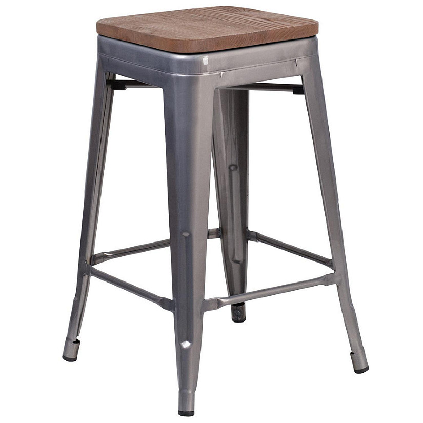 Emma + Oliver 24"H Backless Clear Coated Metal Counter Stool with Wood Seat Image