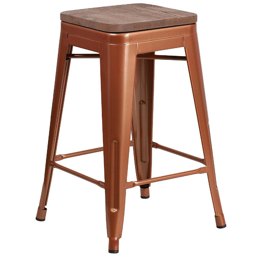 Emma + Oliver 24"H Backless Copper Counter Height Stool with Wood Seat Image