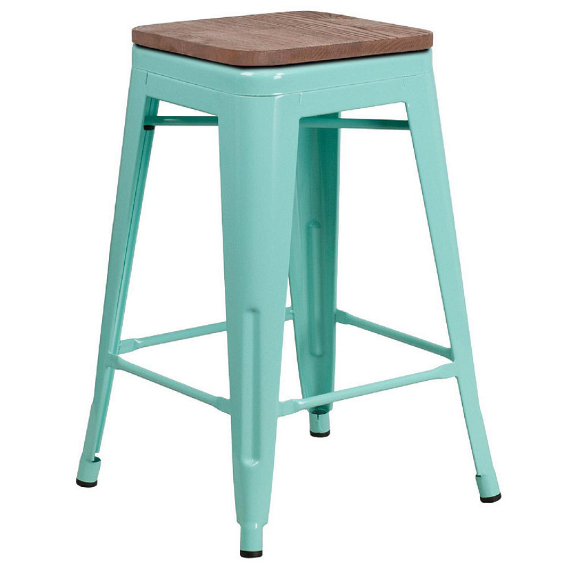 Emma + Oliver 24"H Backless Mint Green Counter Height Stool with Wood Seat Image