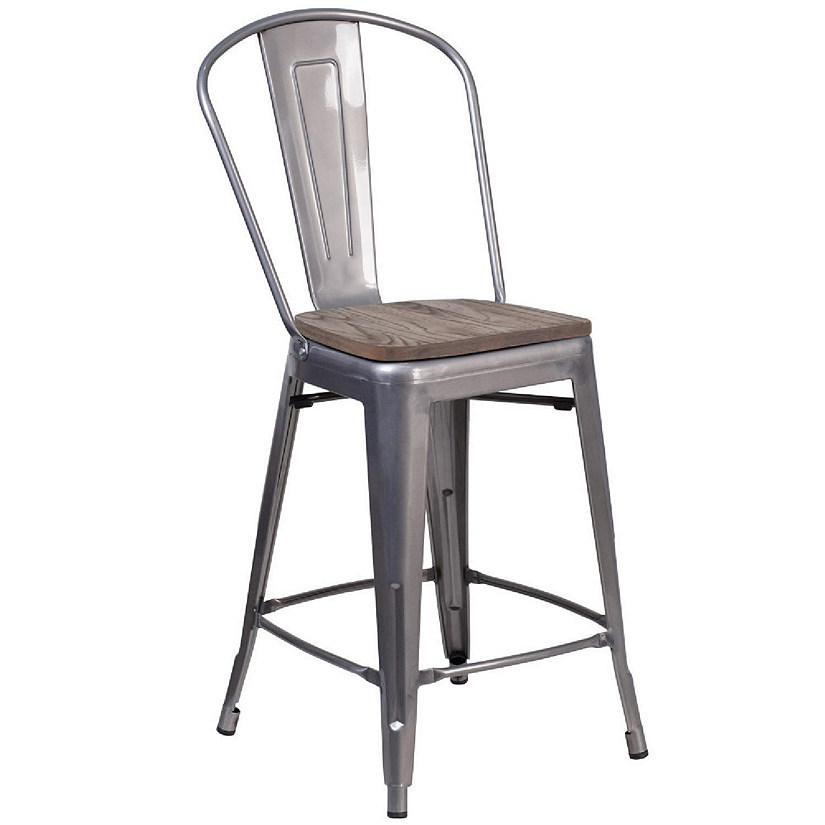 Emma + Oliver 24"H Clear Coated Counter Height Stool with Back and Wood Seat Image
