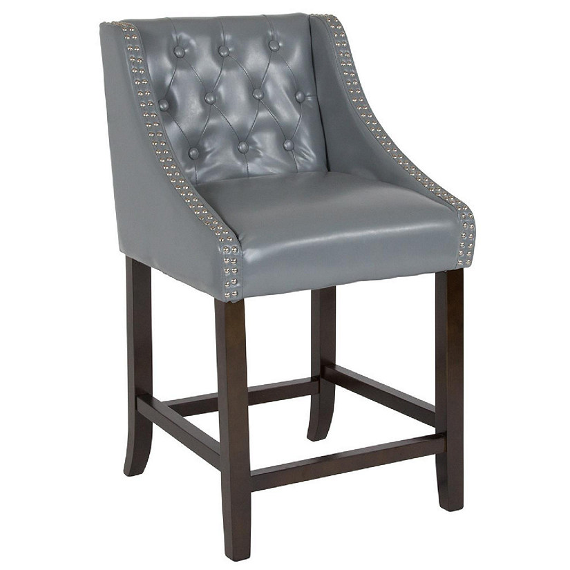 Emma + Oliver 24"H Tufted Walnut Counter Height Stool in Light Gray LeatherSoft Image