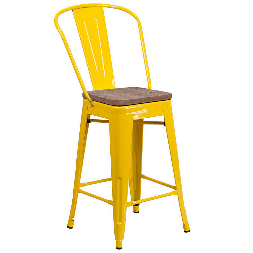 Emma + Oliver 24"H Yellow Metal Counter Height Stool with Back and Wood Seat Image