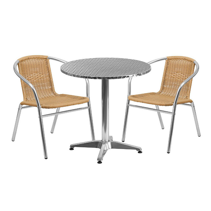 Emma + Oliver 27.5" Round Aluminum Table Set-2 Beige Rattan Chairs Image