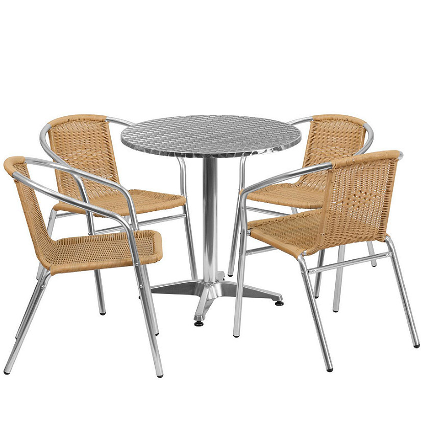 Emma + Oliver 27.5" Round Aluminum Table Set-4 Beige Rattan Chairs Image