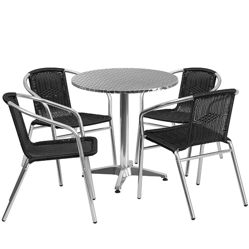 Emma + Oliver 27.5" Round Aluminum Table Set-4 Black Rattan Chairs Image