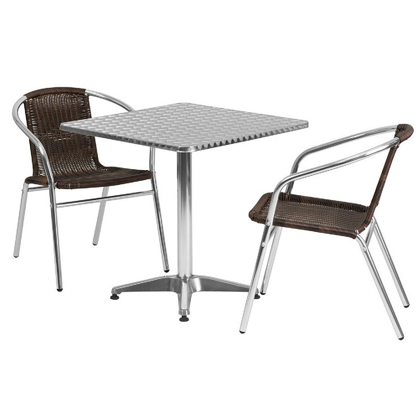 Emma + Oliver 27.5" Square Aluminum Table Set-2 Dark Brown Rattan Chairs Image
