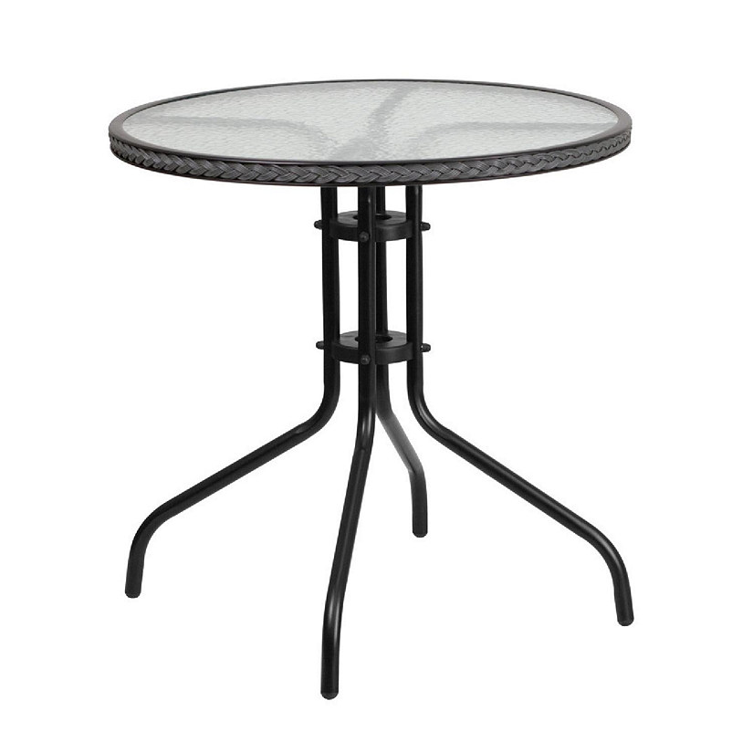 Emma + Oliver 28" Round Tempered Glass Metal Table with Gray Rattan Edge Image