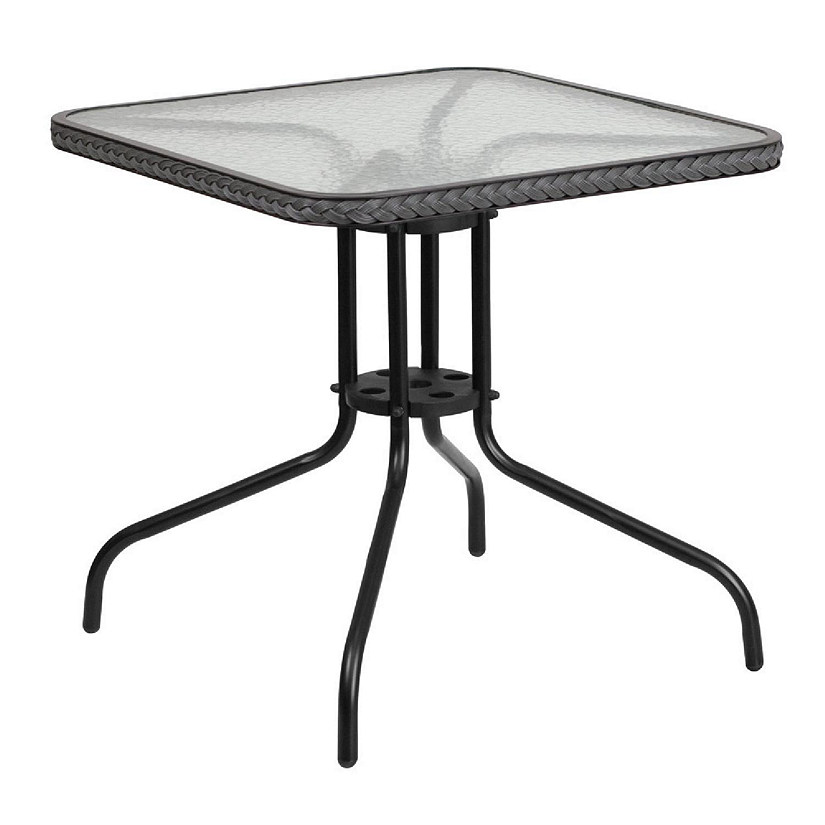 Emma + Oliver 28" Square Tempered Glass Metal Table with Gray Rattan Edge Image