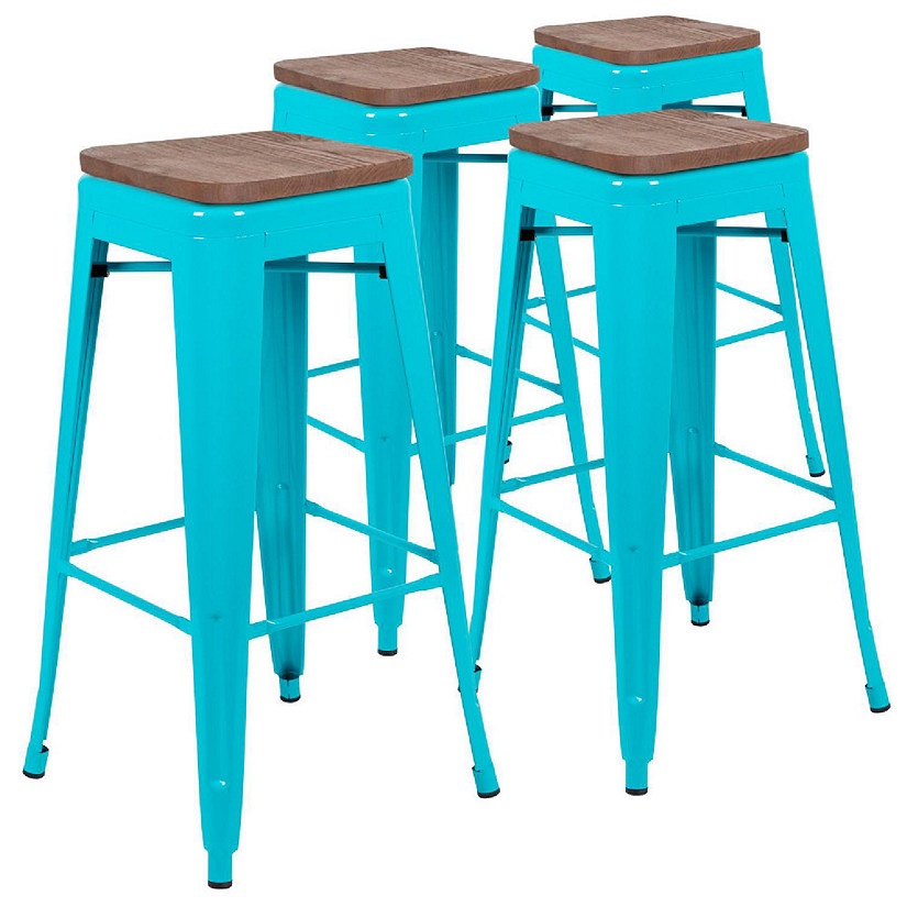 Emma + Oliver 30" High Metal Indoor Bar Stool with Wood Seat in Teal - Stackable Set of 4 Image
