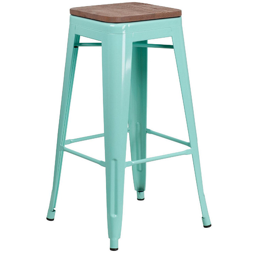 Emma + Oliver 30"H Backless Mint Green Barstool with Square Wood Seat Image