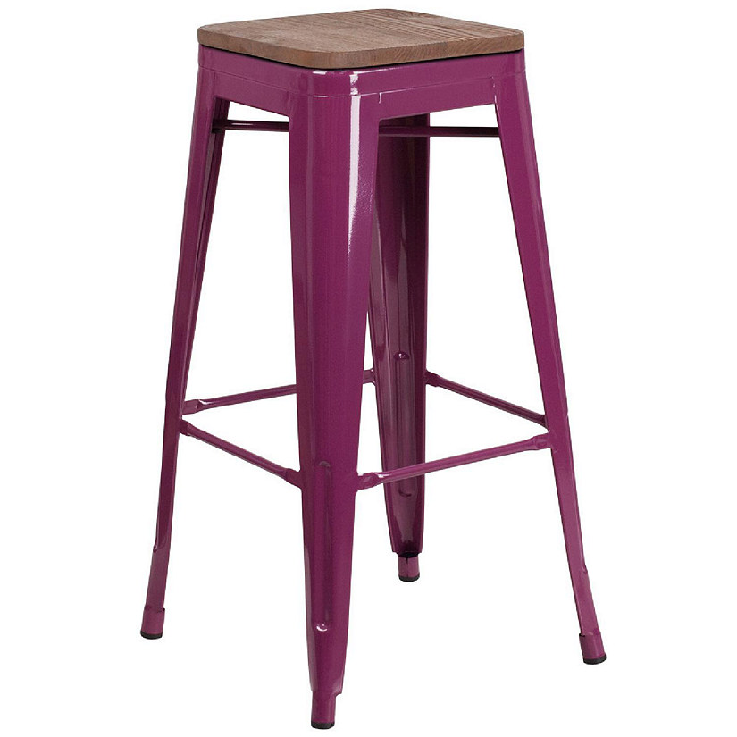 Emma + Oliver 30"H Backless Purple Barstool with Square Wood Seat Image