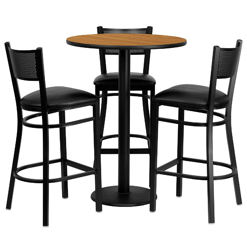 Emma + Oliver 30RD Natural Table Set-3 Grid Back Stools,Black Seat Image