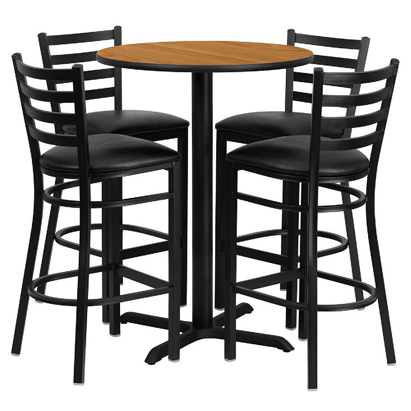 Emma + Oliver 30RD Natural Table Set-X-Base & 4 Ladder Back Stools,Black Seat Image