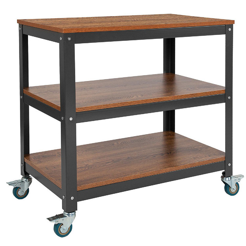 Emma + Oliver 30"W Rolling Storage Cart with Metal Wheels in Brown Oak Wood Grain Finish Image