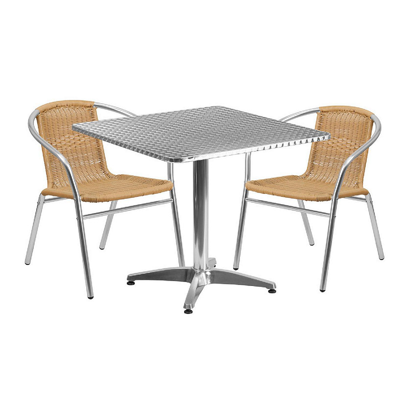 Emma + Oliver 31.5" Square Aluminum Table Set-2 Beige Rattan Chairs Image