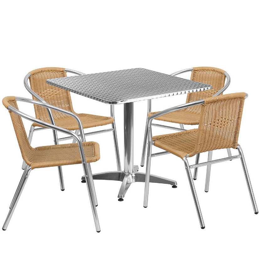 Emma + Oliver 31.5" Square Aluminum Table Set-4 Beige Rattan Chairs Image