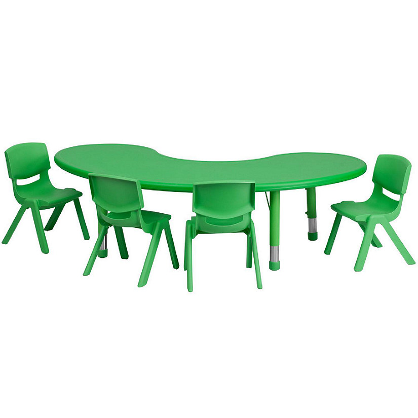 Emma + Oliver 35"W x 65"L Half-Moon Green Plastic Activity Table Set-4 Chairs Image