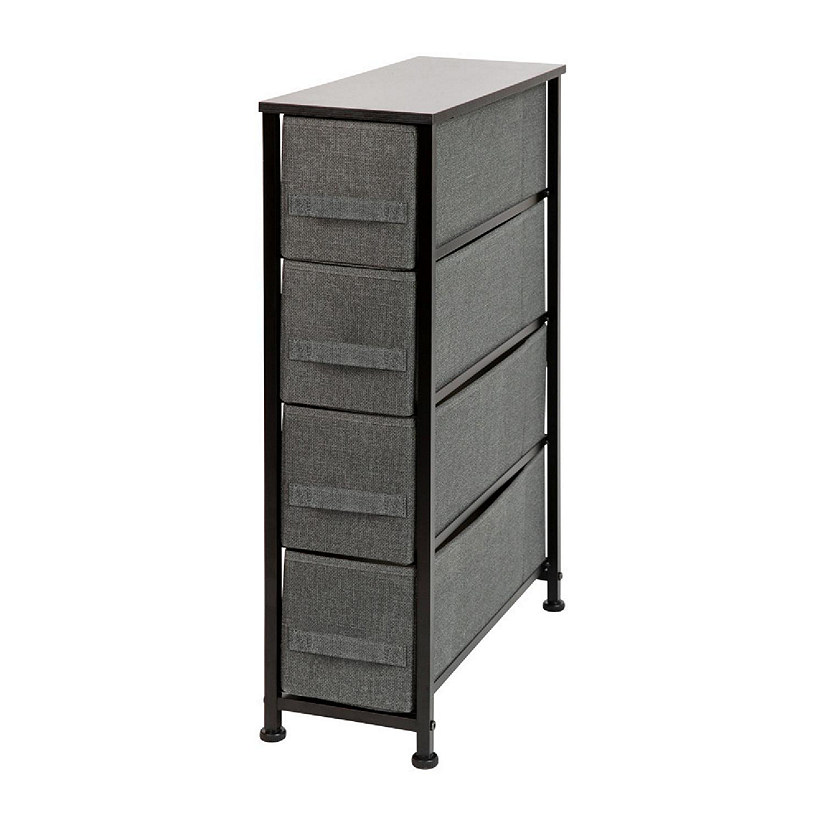 Emma + Oliver 4 Drawer Slim Dresser Storage Tower-Black Wood Top & Gray Fabric Pull Drawers Image