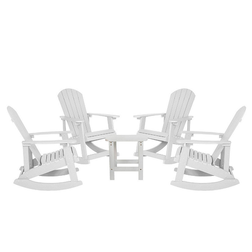 Emma + Oliver 4 Marcy Adirondack Rocking Chairs and Side Table Set - White Polyresin Construction - Stainless Steel Hardware - All Weather Usage Image