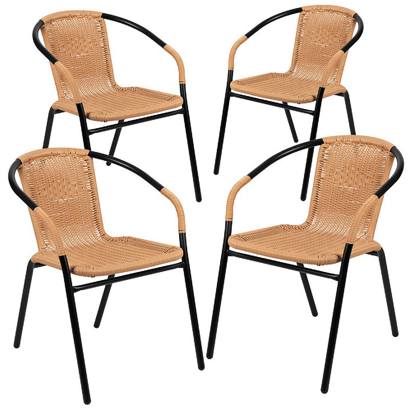 Emma + Oliver 4 Pack Beige Rattan Indoor-Outdoor Restaurant Stack Chair with Curved Back Image