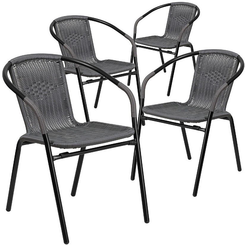 Emma + Oliver 4 Pack Gray Rattan Indoor-Outdoor Restaurant Stack Chair with Curved Back Image