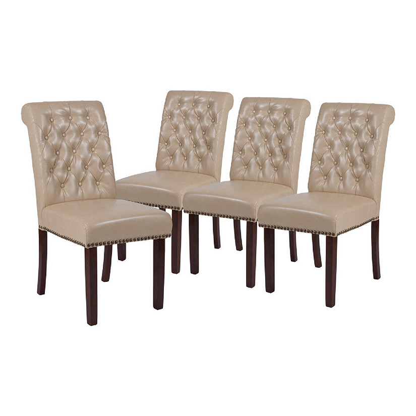 Emma + Oliver 4 PK Beige Faux Leather Upholstered Rolled Back Parsons Chair with Nailhead Trim & Walnut Finished Frame with Plastic Floor Glides Image