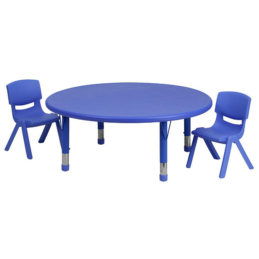 Emma + Oliver 45" Round Blue Plastic Adjustable Activity Table Set-2 Chairs Image