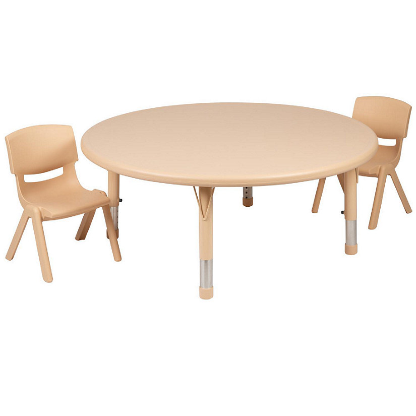 Emma + Oliver 45" Round Natural Plastic Height Adjustable Activity Table Set with 2 Chairs Image