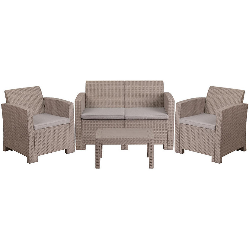 Emma + Oliver 4PC Outdoor Faux Rattan Chair,Loveseat & Table Set-Light Gray Image