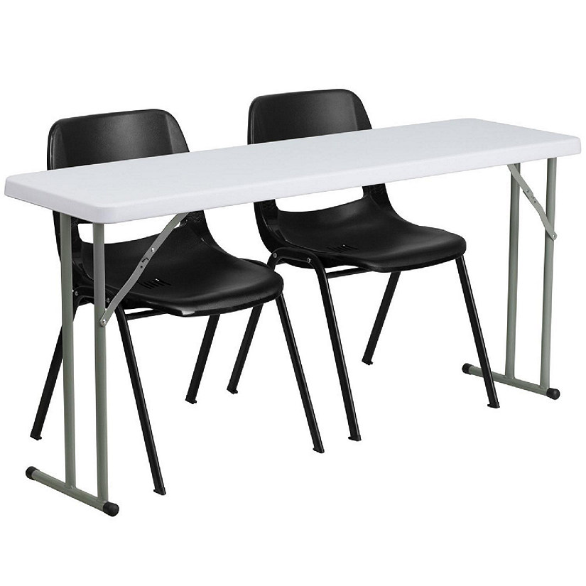 Emma + Oliver 5-Foot Plastic Folding Training Table Set with 2 Black Plastic Stack Chairs Image