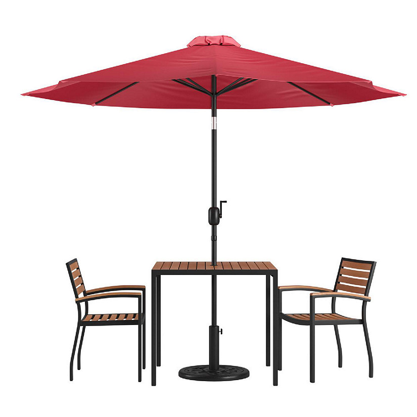 Emma + Oliver 5 Piece Outdoor Patio Dining Table Set with 2 Synthetic Teak Stackable Chairs, 36" Square Table, Red Umbrella & Base Image